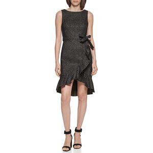 8645 Womens Self Belt Ruffle Detail Flow, Black And Gold